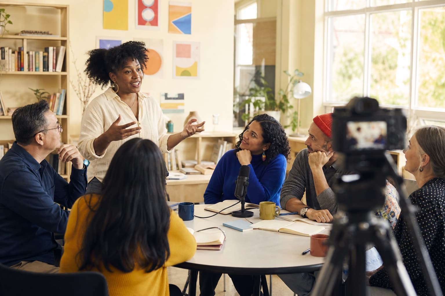 A community educator leading a recorded workshop with a diverse group gathered around a table