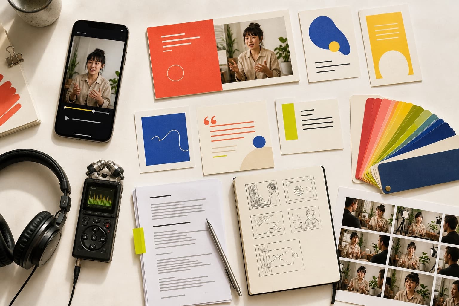 An overhead studio table showing a video, transcript, quote cards, storyboard, color palette, headphones, and recording equipment