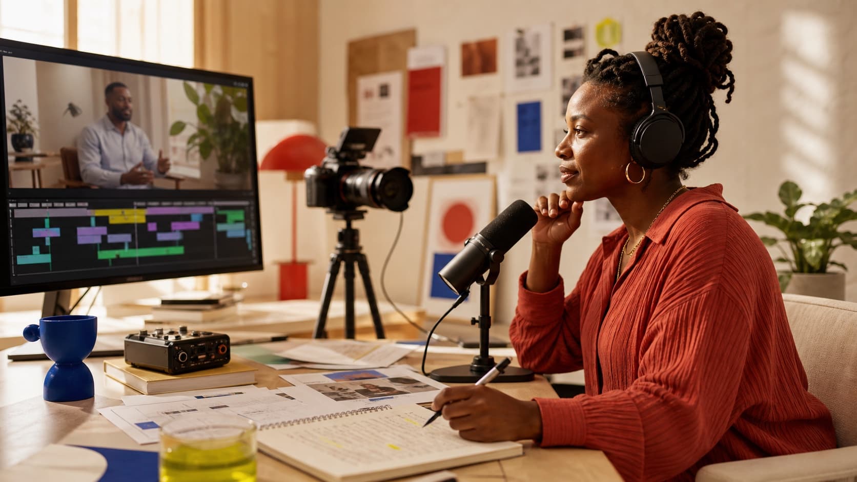 A creator producing an interview in a bright studio with a camera, microphone, editing screen, and printed notes